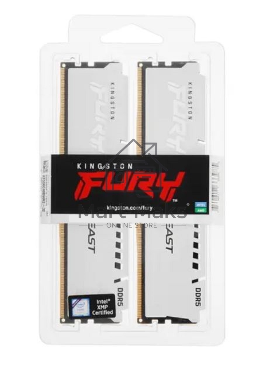 Оперативная память Kingston Fury Beast, DDR5, 32GB (2x16GB), 5600MHz, CL40, DIMM, с радиатором, белый