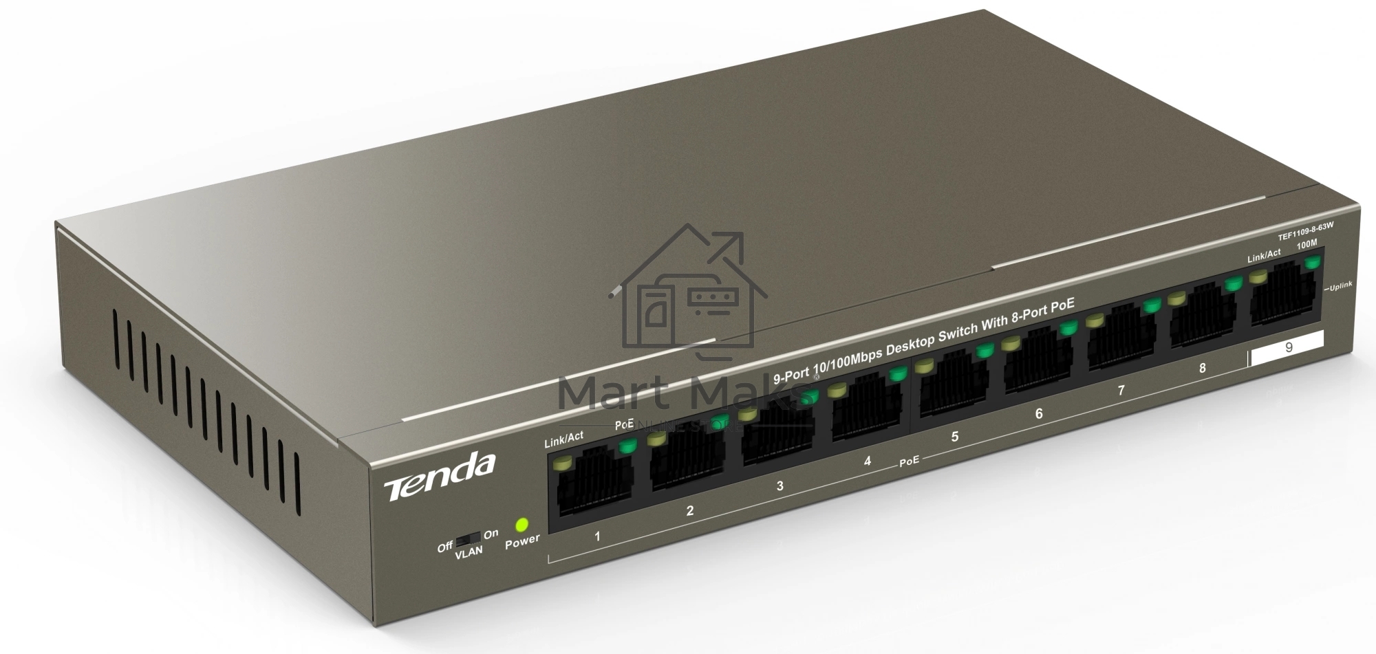Коммутатор 9PORT 10/100M POE TEF1109P-8-63W TENDA