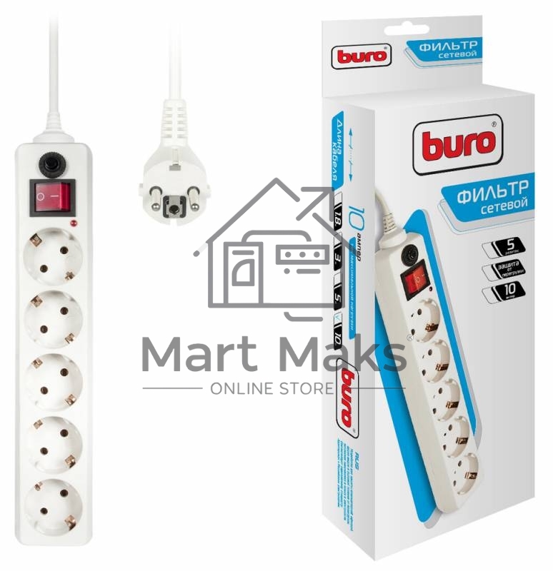 Сетевой фильтр Buro 500SH-10-W 10м (5 розеток) белый (коробка)