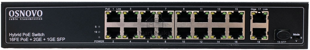 Коммутатор PoE коммутатор FE, 16 *10/100 Base-T с PoE, 2 x GE Uplink (RJ45), 1 x GE SFP Uplink, мощность PoE на порт до 30W, суммарно PoE до 292W