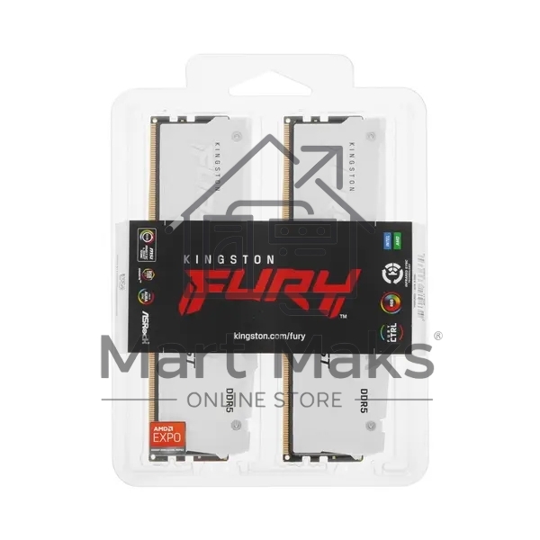 Оперативная память Kingston Fury Beast, DDR5, 32GB (2x16GB), 6000MHz, CL30, DIMM, с радиатором, RGB, белый