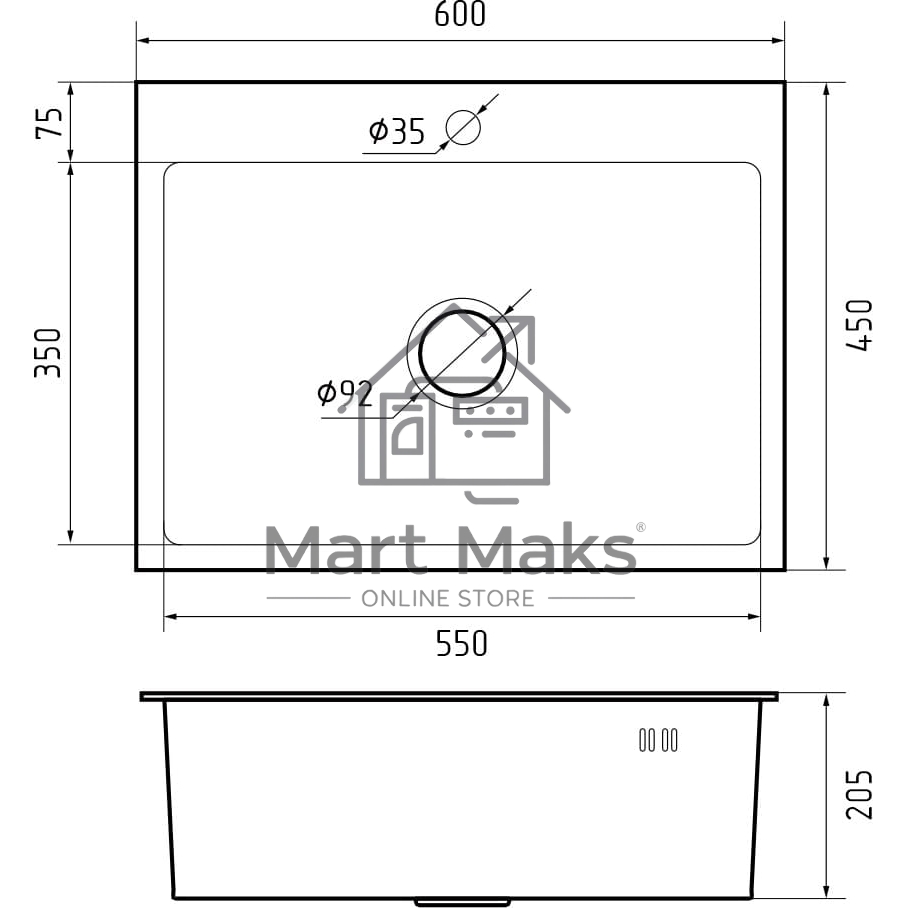 Кухонная мойка GranFest METAL 6045 нержавеющая сталь 1 чаша 550*350*205, монтаж: врезной, материал: нержавеющая сталь, цвет: нержавеющая сталь
