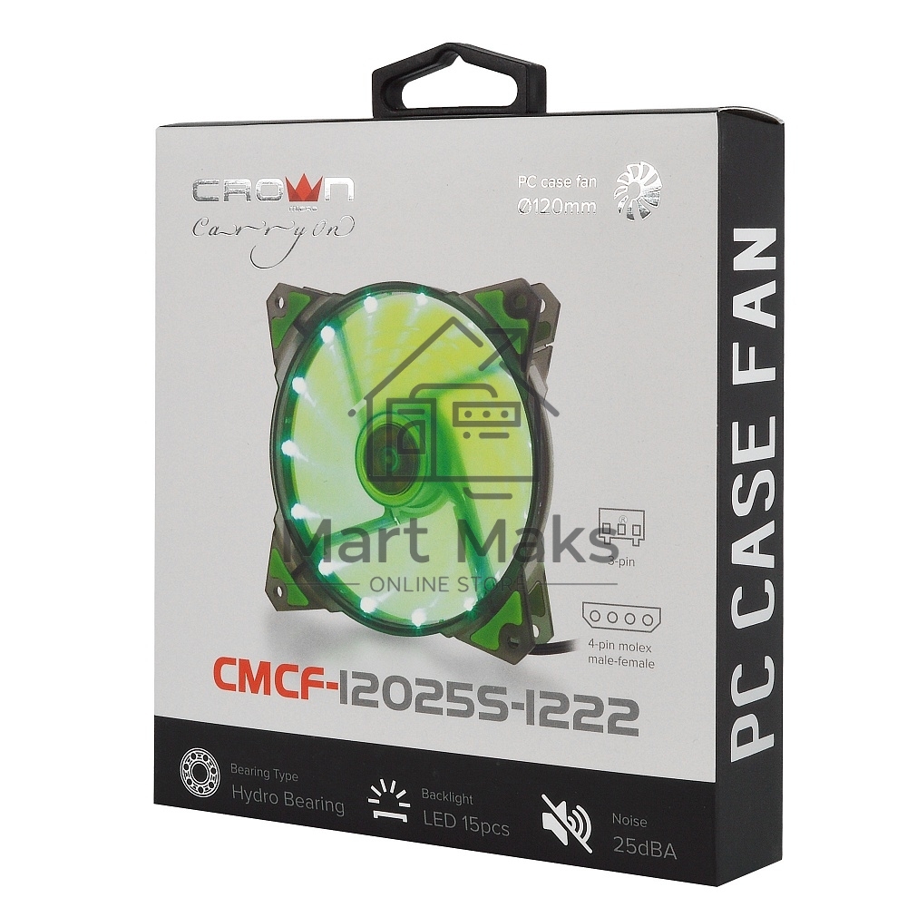 Вентилятор для корпуса Crown CMCF-12025S-1222 черный/зеленый, 120 мм, 1650 об/мин, 28 дБ, 3 pin