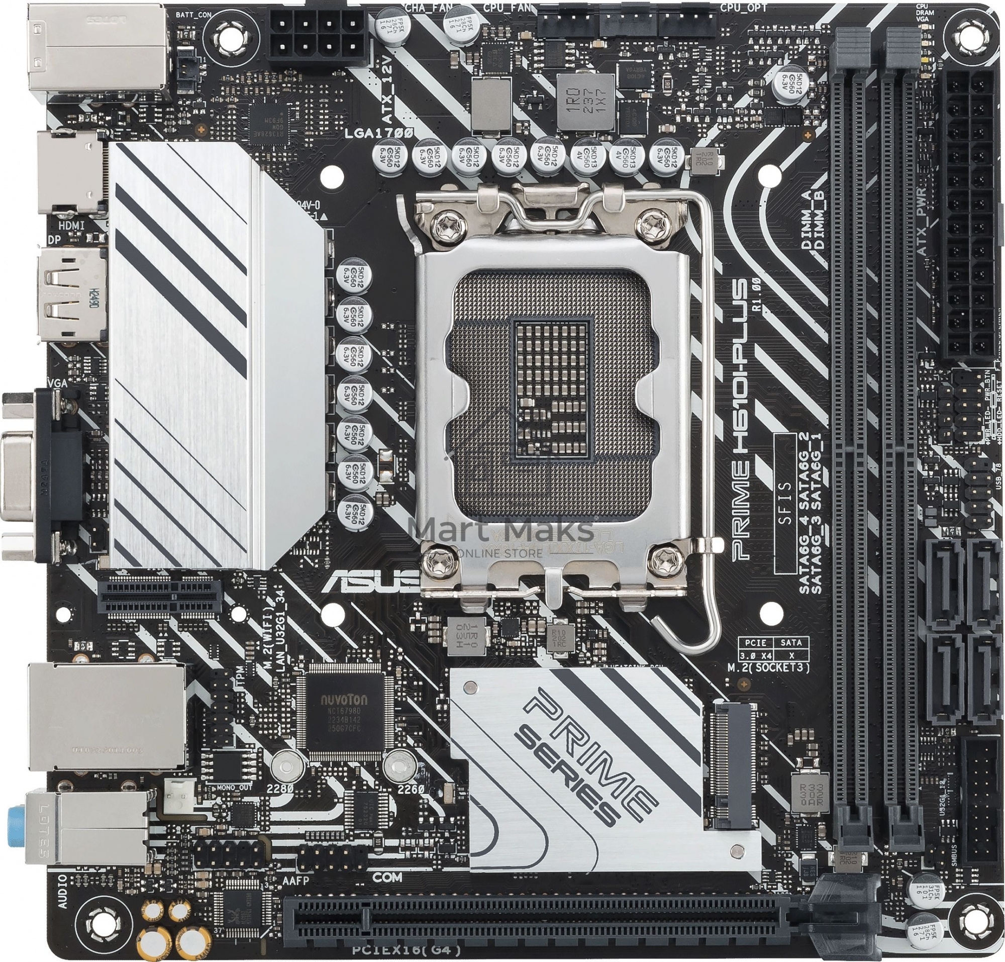 Материнская плата ASUS PRIME H610I-PLUS-CSM, LGA 1700, Intel H610, 2xDDR5, 4xSATA, 1xM.2 PCIe 3.0 x4, 1xPCIe 4.0 x16, 1xHDMI, 1xDP, 1xVGA, 2xUSB-A 3.2 Gen 1, 2xUSB-A 2.0, 1x 1Gb LAN, 3x3.5 мм, 7.1, Mini-ITX