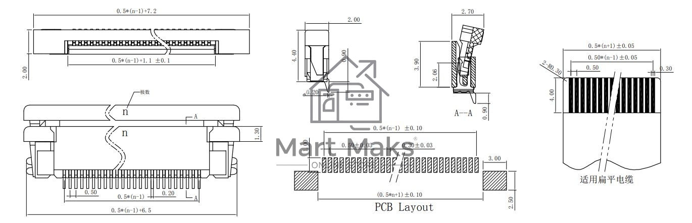 Разъем FPC  Half Coverage Top Contact 1.0K-BS-12PWB 12 pin высота 2мм шаг 1мм