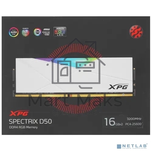 Оперативная память XPG Spectrix D50 RGB, DDR4, 32GB (2x16GB), 3200MHz, CL16, UDIMM, с радиатором, RGB, белый