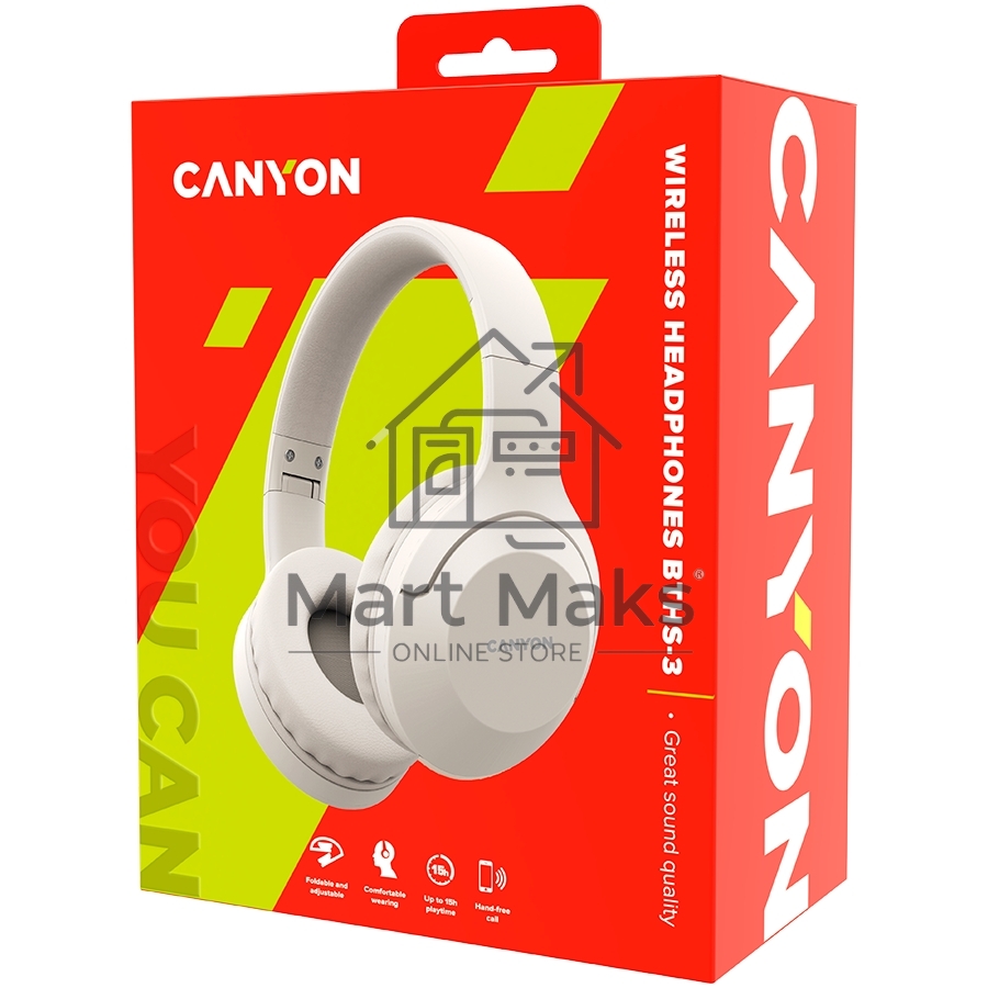 Гарнитура CANYON BTHS-3, Bluetooth headset,with microphone, BT V5.1 JL6956, battery 300mAh, Type-C charging plug, PU material, size:168*190*78mm, charging cable 30cm and audio cable 100cm, Beige