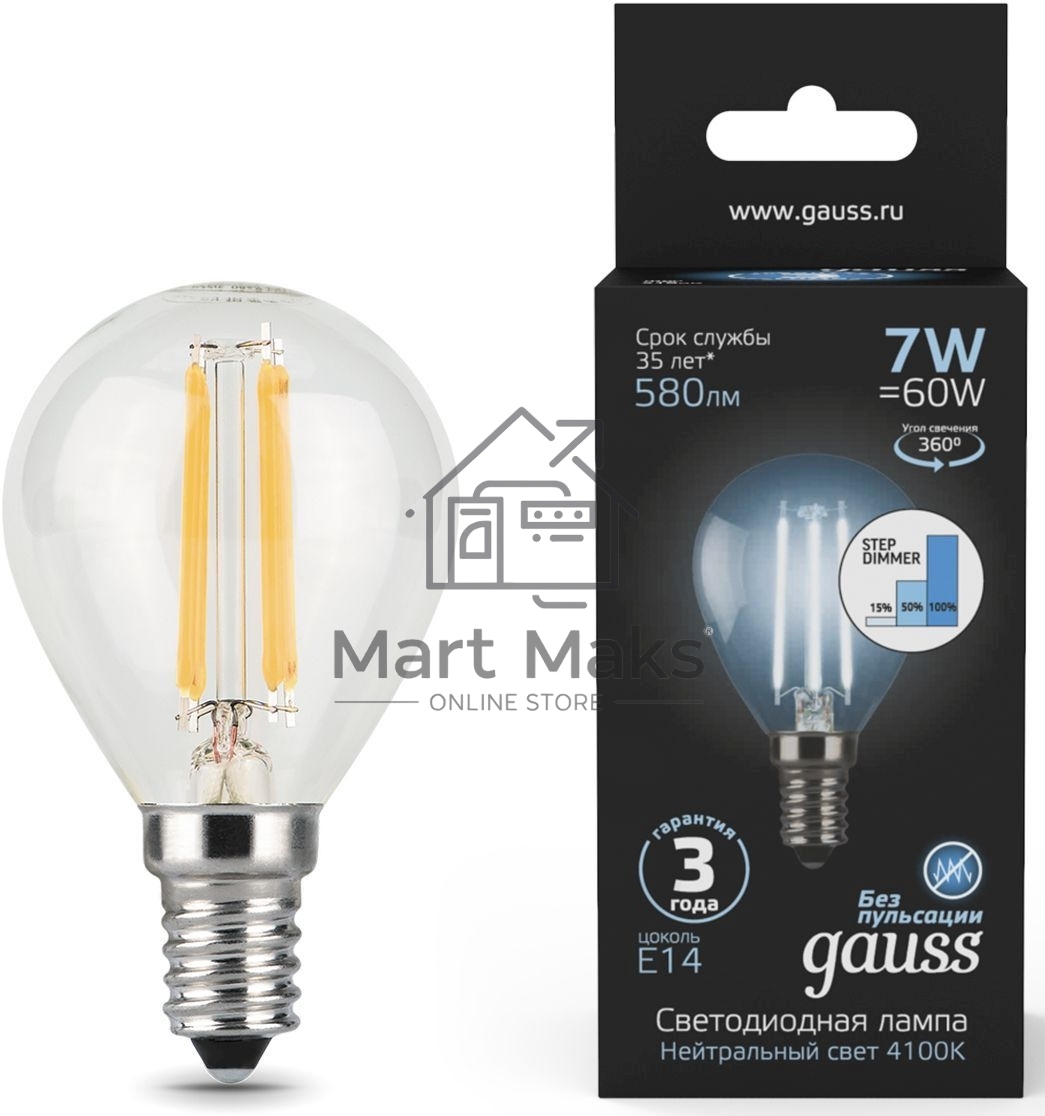 Светодиодная лампа GAUSS 105801207-S LED Filament Шар E14 7W 580lm 4100K step dimmable 1/10/50