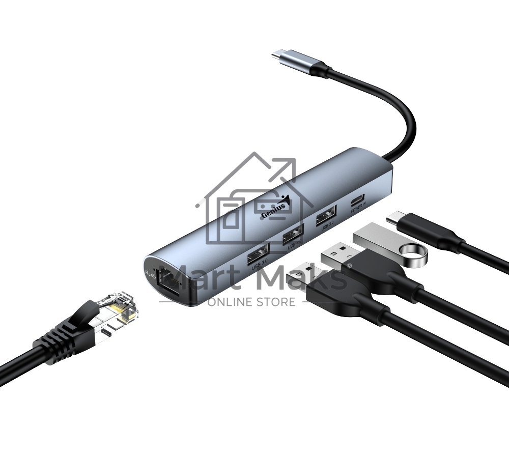 Концентратор USB HUB UH-545 USB3.0 с Ethernet RJ45, гигабитным Ethernet RJ45 x 1, портом питания USB-C (5 В 3 А) x 1, портами передачи данных USB-A 3.0 x 3