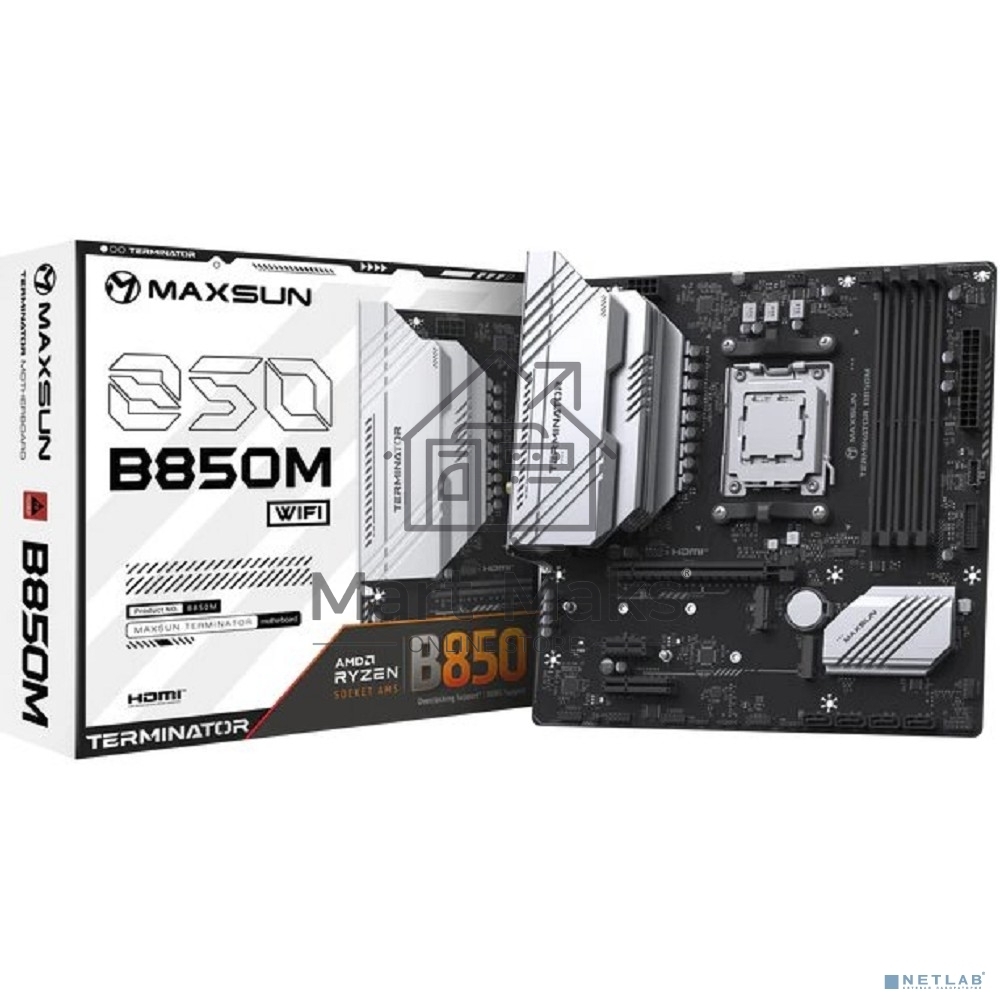Материнская плата Maxsun Terminator B850M WIFI, AM5, AMD B850, 4xDDR5, 4xSATA, 2xM.2, 1xPCIe 4.0 x16, 1xPCIe 3.0 x4, 1xPCIe 3.0 x1, 1xDP, 1xHDMI, 1x2.5Gb LAN, Wi-Fi 6, Bluetooth 5.2, 1xUSB-C 10Gbps, 4xUSB-A 5Gbps, 4xUSB-A 2.0, 1xS/PDIF, 6x3.5 мм, 7.1, mAT