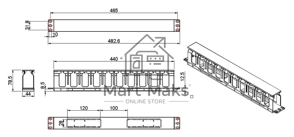 Кабельный организатор Hyperline CM-1U-D66-PL-COV  пластиковый с крышкой, глубина 66 мм, широкие вводы, 19
