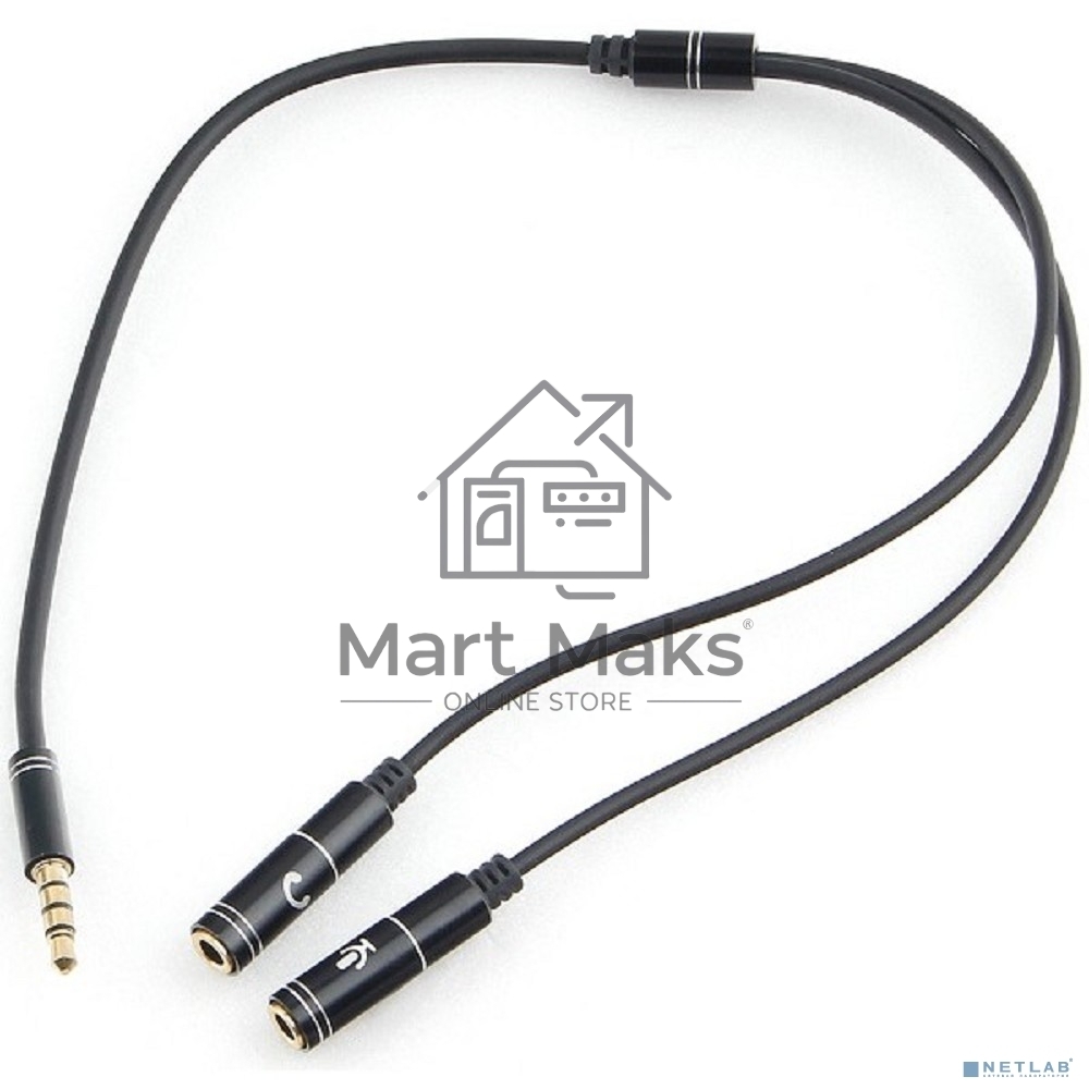 Кабель аудио Cablexpert CCAB-02-35MYHM-0.2MB. 3.5 Jack 4pin(M)/2х 3.5 Jack(F) наушники и микрофон, черный, 0.2м, блистер