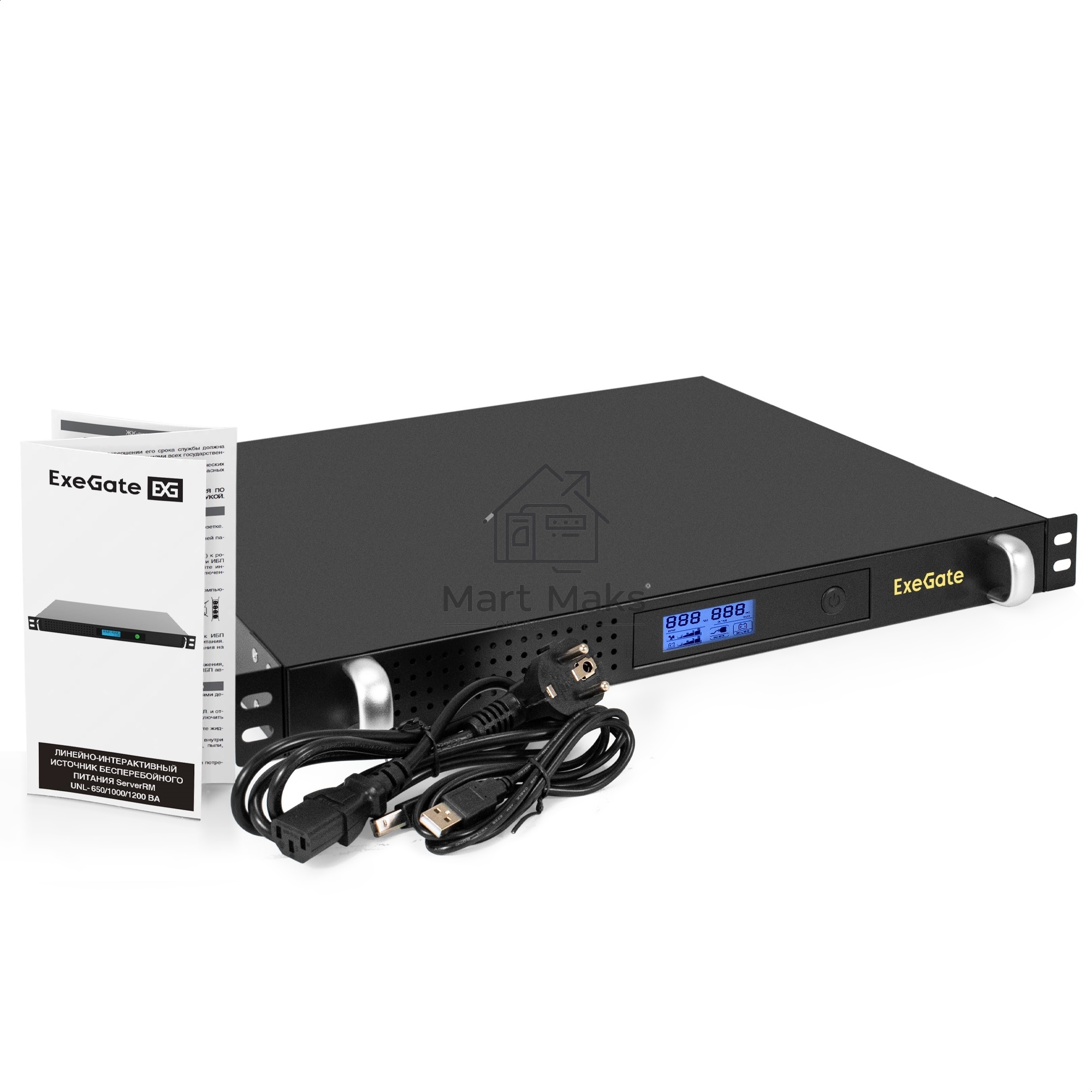 Источник бесперебойного питания ExeGate 1U ServerRM UNL-1000.LCD.AVR.6C13.RJ.USB.1U <1000VA/600W, LCD, AVR, 6*C13, RJ, USB, 1U, установка в стойку, Black>