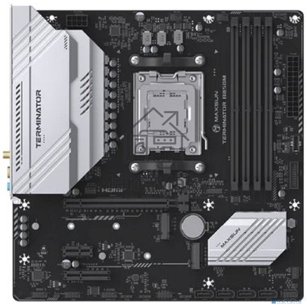 Материнская плата Maxsun Terminator B850M WIFI, AM5, AMD B850, 4xDDR5, 4xSATA, 2xM.2, 1xPCIe 4.0 x16, 1xPCIe 3.0 x4, 1xPCIe 3.0 x1, 1xDP, 1xHDMI, 1x2.5Gb LAN, Wi-Fi 6, Bluetooth 5.2, 1xUSB-C 10Gbps, 4xUSB-A 5Gbps, 4xUSB-A 2.0, 1xS/PDIF, 6x3.5 мм, 7.1, mAT