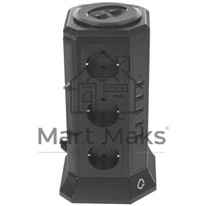 Сетевой фильтр Qumo Power Tower Pro 12SP5U (P-0001), 12 розеток, 2200 Вт, 10A, кабель 2 м 3*1 мм чистая медь, пожаробезопасный пластик, евровилка, 5 USB портов 4.5A суммарно