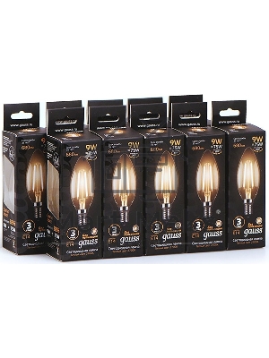 Лампа светодиодная филаментная Gauss 9Вт цок.: E14 свеча 220B 2700K св. свеч. бел.теп. C37 (упак.: 10 шт)