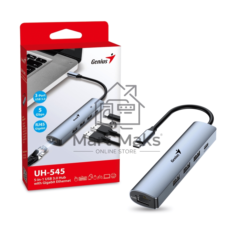Концентратор USB HUB UH-545 USB3.0 с Ethernet RJ45, гигабитным Ethernet RJ45 x 1, портом питания USB-C (5 В 3 А) x 1, портами передачи данных USB-A 3.0 x 3