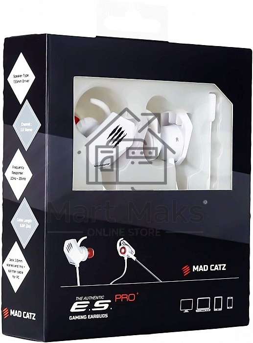 Игровые мобильные наушники белые Mad Catz E.S. PRO+ (3.5 мм jack, 13.5 мм неодимовые магниты, 32 Ом, 20 ~ 20000 Гц, микрофон)