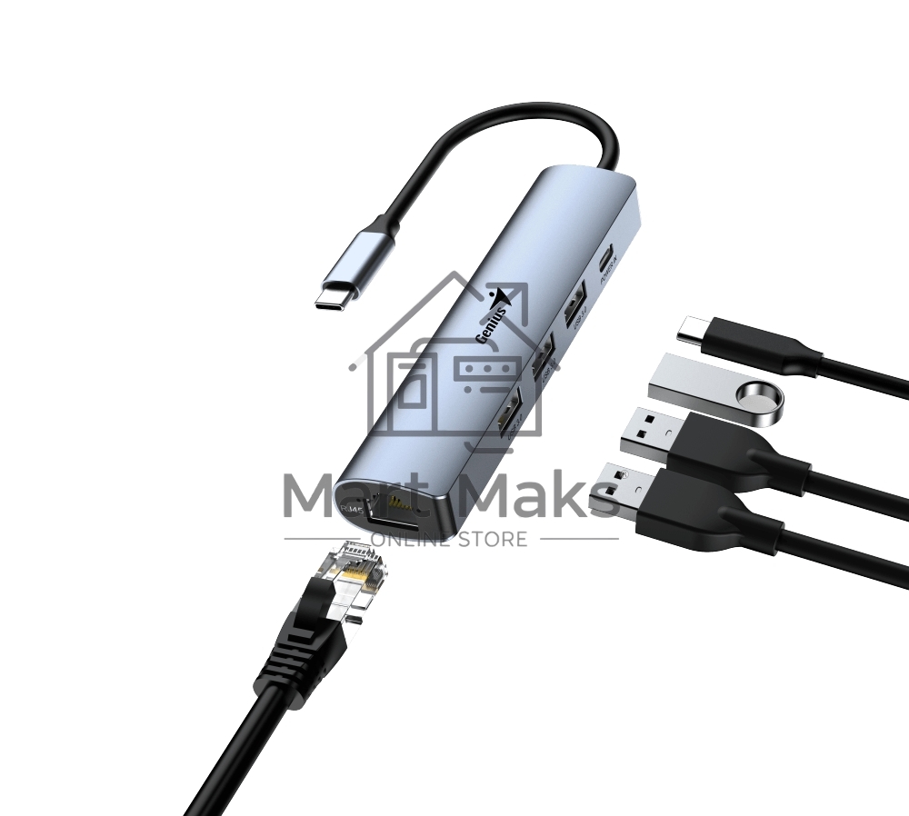 Концентратор USB HUB UH-545 USB3.0 с Ethernet RJ45, гигабитным Ethernet RJ45 x 1, портом питания USB-C (5 В 3 А) x 1, портами передачи данных USB-A 3.0 x 3
