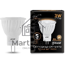 Лампа светодиодная Gauss Black 3Вт цок.:GU4 рефлектор 220B 2700K св.свеч.бел.теп. MR11 (упак.:10шт) (132517103)