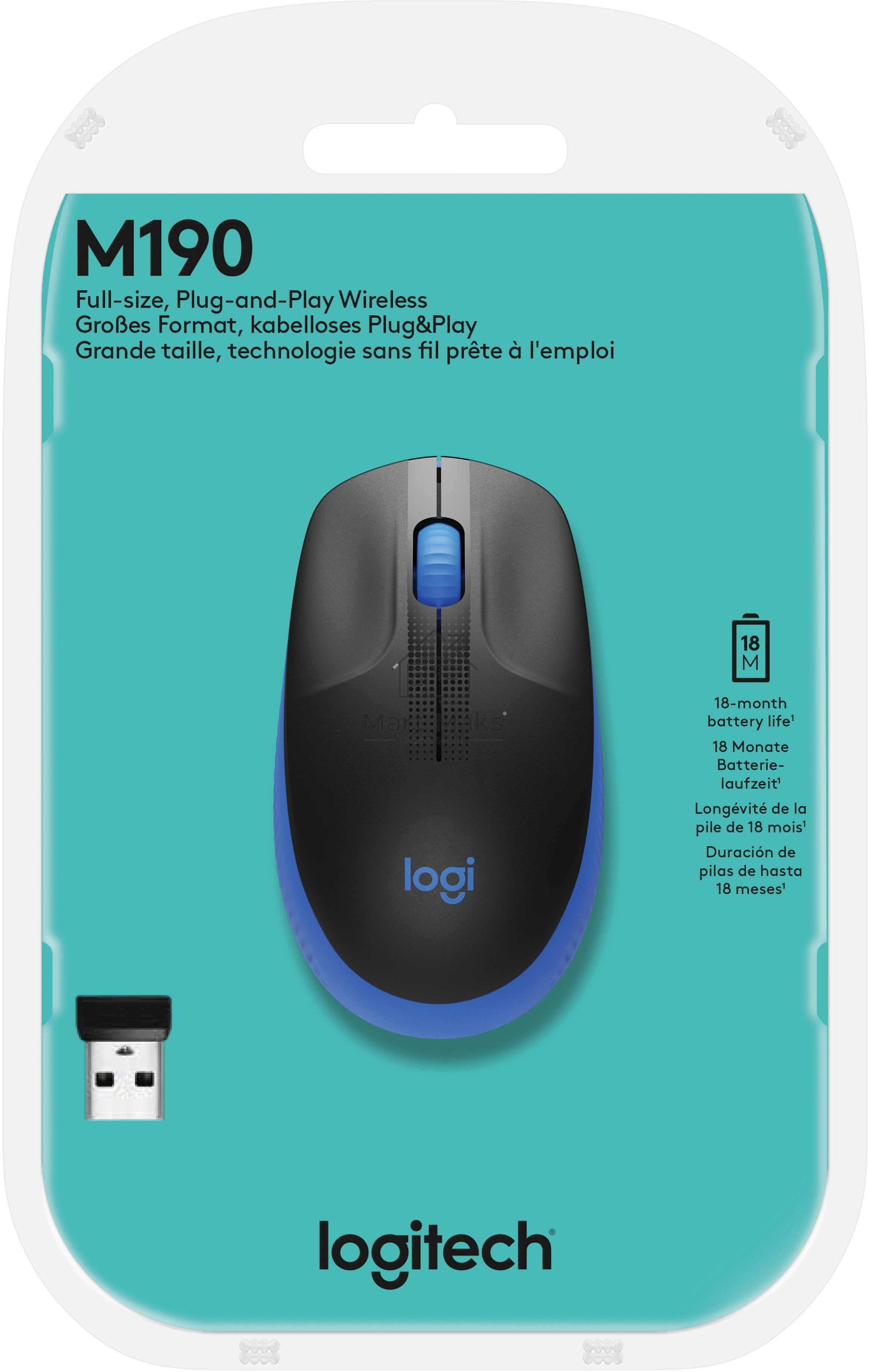 Мышь беспроводная Logitech M190 черный/синий, 1000 dpi, радиоканал, USB, кнопки - 3