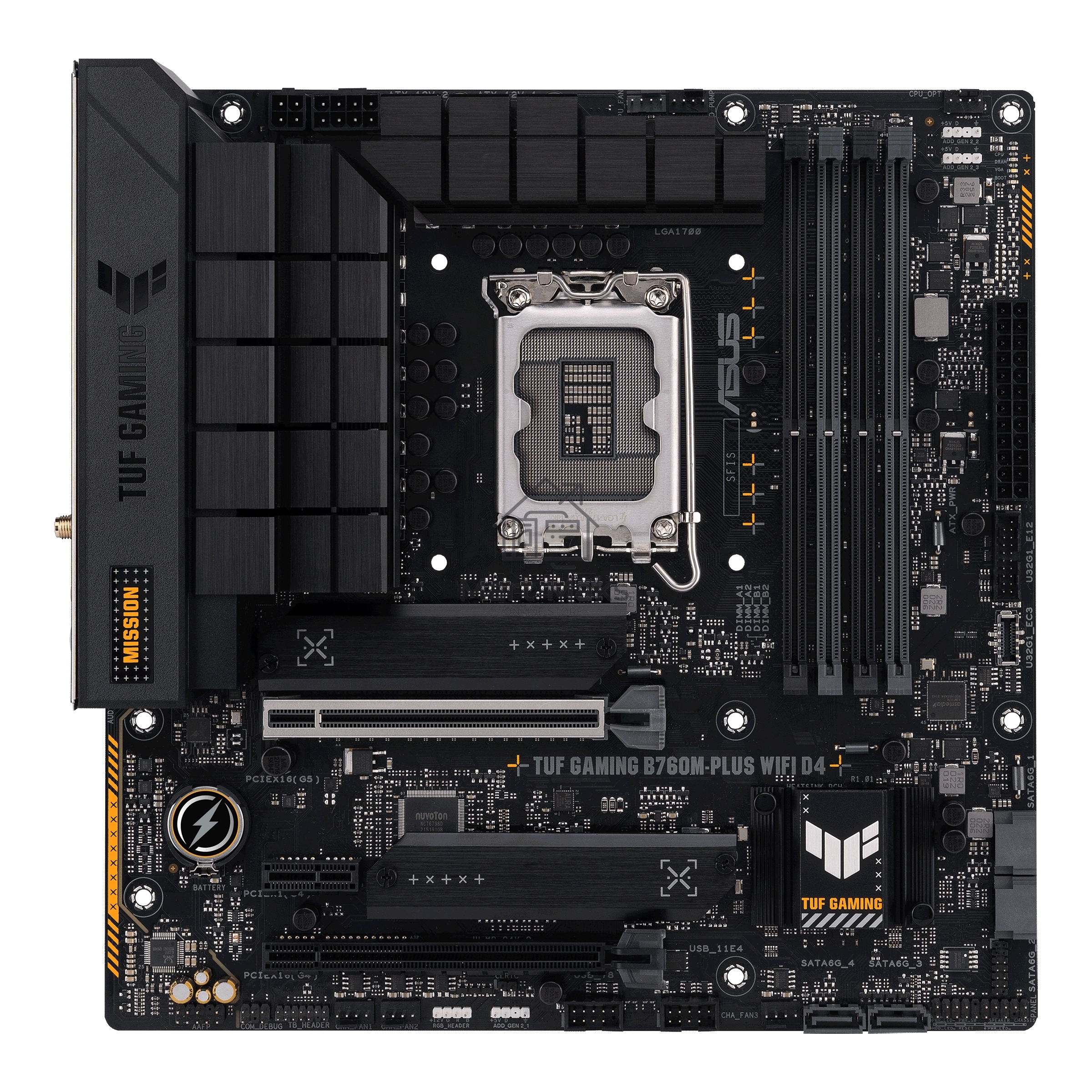 Материнская плата ASUS TUF GAMING B760M-PLUS WIFI D4, LGA 1700, Intel B760, 4xDDR4, 4xSATA, 2xM.2, 1xPCI-E 5.0 x16, 1xPCI-E 4.0 x4, 1xUSB-A 3.2 Gen 1, 4xUSB-A 3.2 Gen 2, 2xUSB 2.0, 1xUSB-C 3.2 Gen 2x2, 1x2.5Gb LAN, 5x3.5 мм, 7.1, Wi-Fi 6, Bluetooth 5.2, M