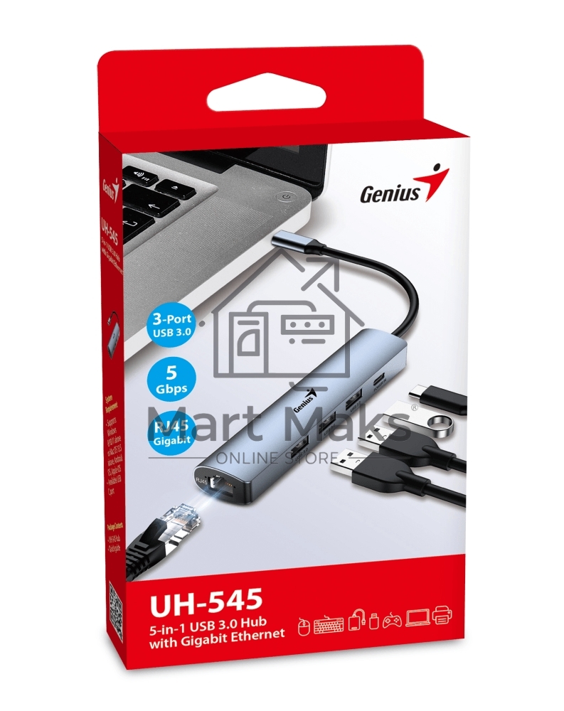 Концентратор USB HUB UH-545 USB3.0 с Ethernet RJ45, гигабитным Ethernet RJ45 x 1, портом питания USB-C (5 В 3 А) x 1, портами передачи данных USB-A 3.0 x 3