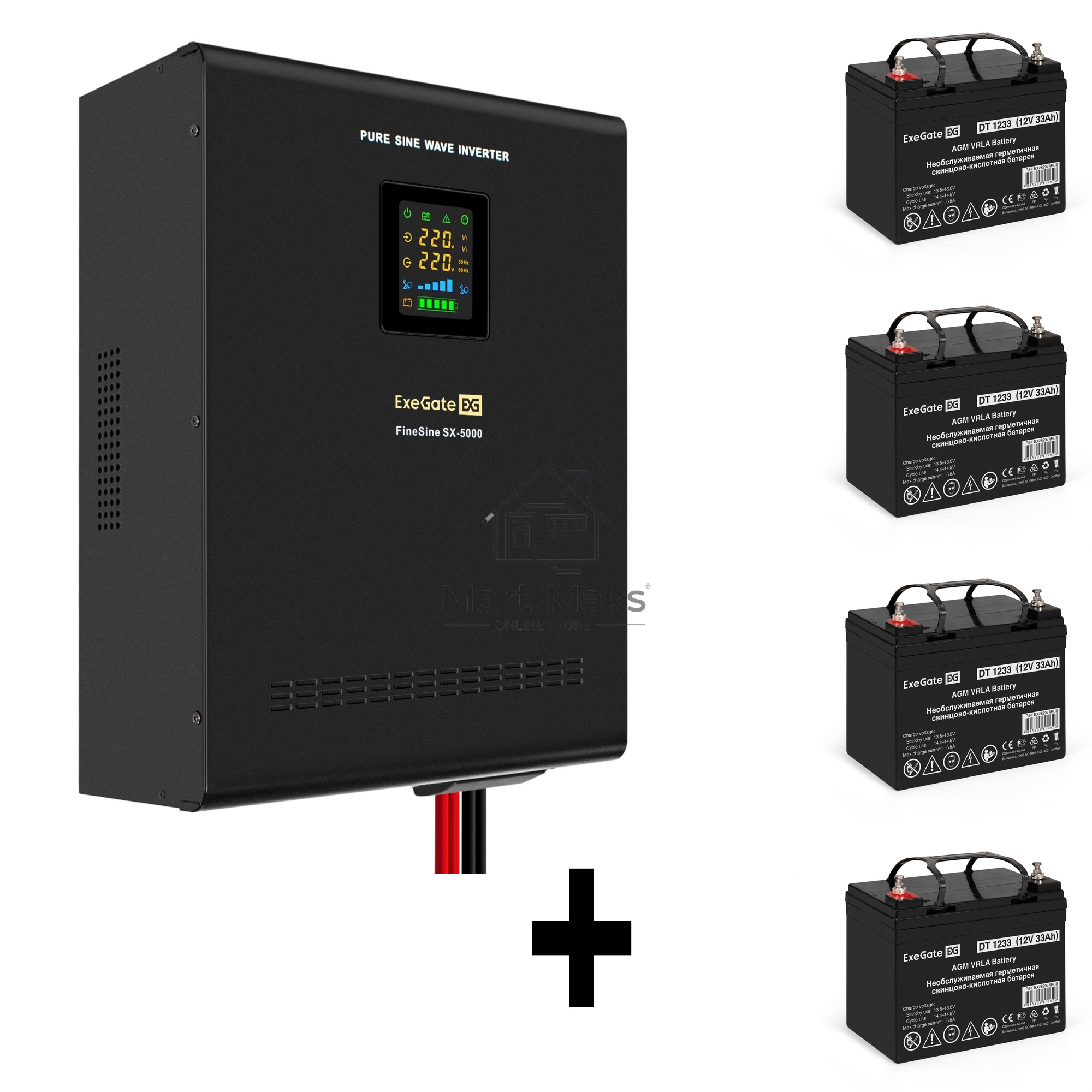 Комплект ИБП EX296004RUS + батарея 33Aч EX282974RUS 4шт (инвертор, синус, для котла, настенный) ExeGate FineSine SX-5000.LCD.AVR.2SH.T <5000VA/3500W, чистая синусоида, цветной LCD-дисплей, AVR, 2*Schuko+клеммы, линейно-интерактивный, крепление настенное, 