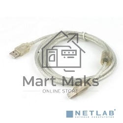Кабель Cablexpert USB 2.0 Pro, AM/BM, 0,75м, экран, 2 феррит.кольца, прозрачный (CCF-USB2-AMBM-TR-0.75M)