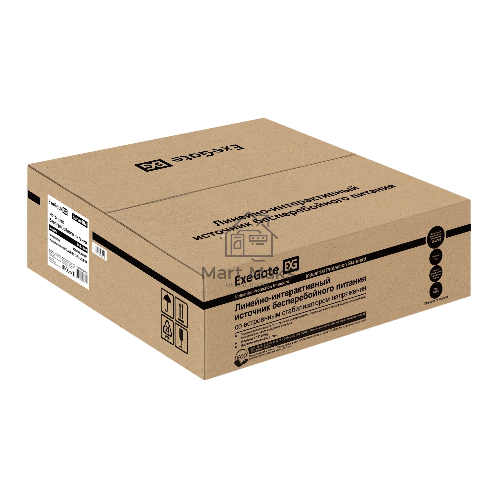Источник бесперебойного питания ExeGate 1U ServerRM UNL-1000.LCD.AVR.6C13.RJ.USB.1U <1000VA/600W, LCD, AVR, 6*C13, RJ, USB, 1U, установка в стойку, Black>