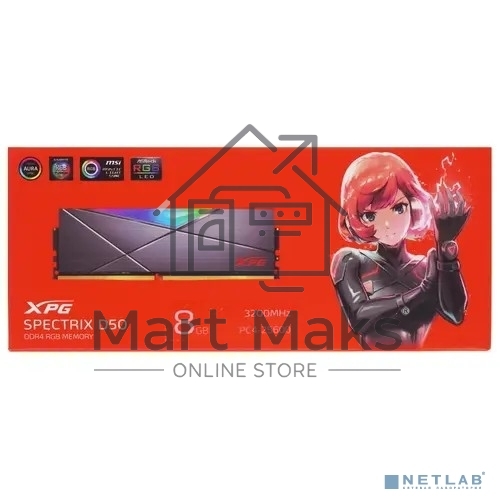 Оперативная память XPG Spectrix D50 RGB, DDR4, 8GB (1x8GB), 3200MHz, CL16, одноранговая, UDIMM, с радиатором, RGB, серый