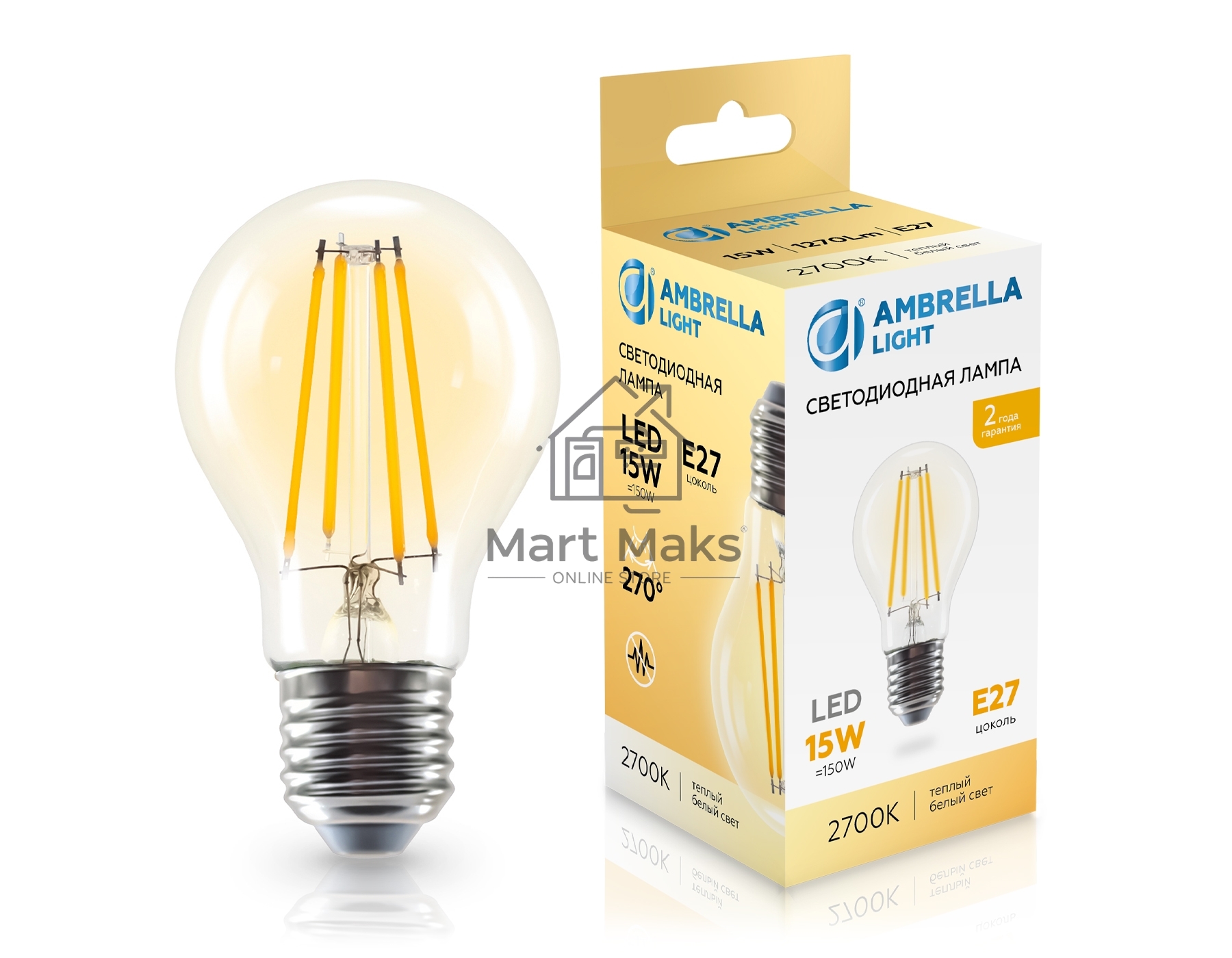 Лампа светодиодная 601513 Filament LED A60 15W E27 2700K 220-240V