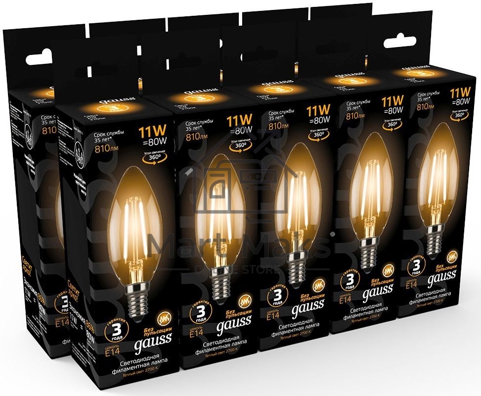 Лампа светодиодная филаментная Gauss 11Вт цок.: E14 свеча 220B 2700K св. свеч. бел.теп. C37 (упак.: 10 шт) (103801111)