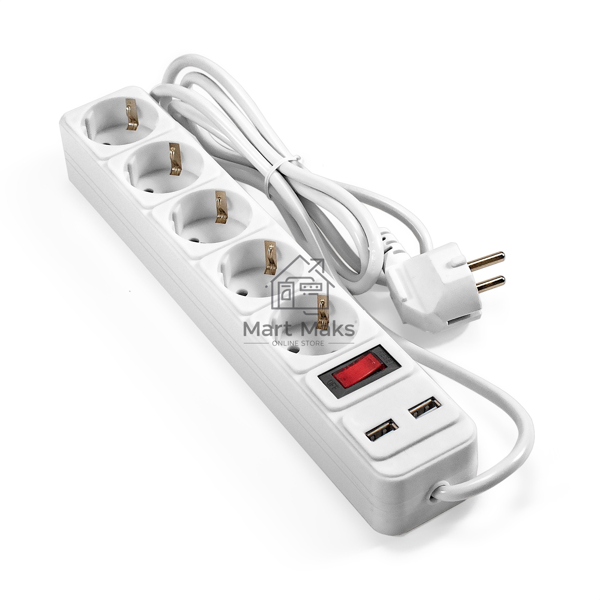 Сетевой фильтр-удлинитель с USB зарядкой ExeGate SP-5-USB-1.8W (5 евророзеток с заземлением, 2 USB-A 2A, 1.8м, защита от перегрузки, выключатель с подсветкой, белый)