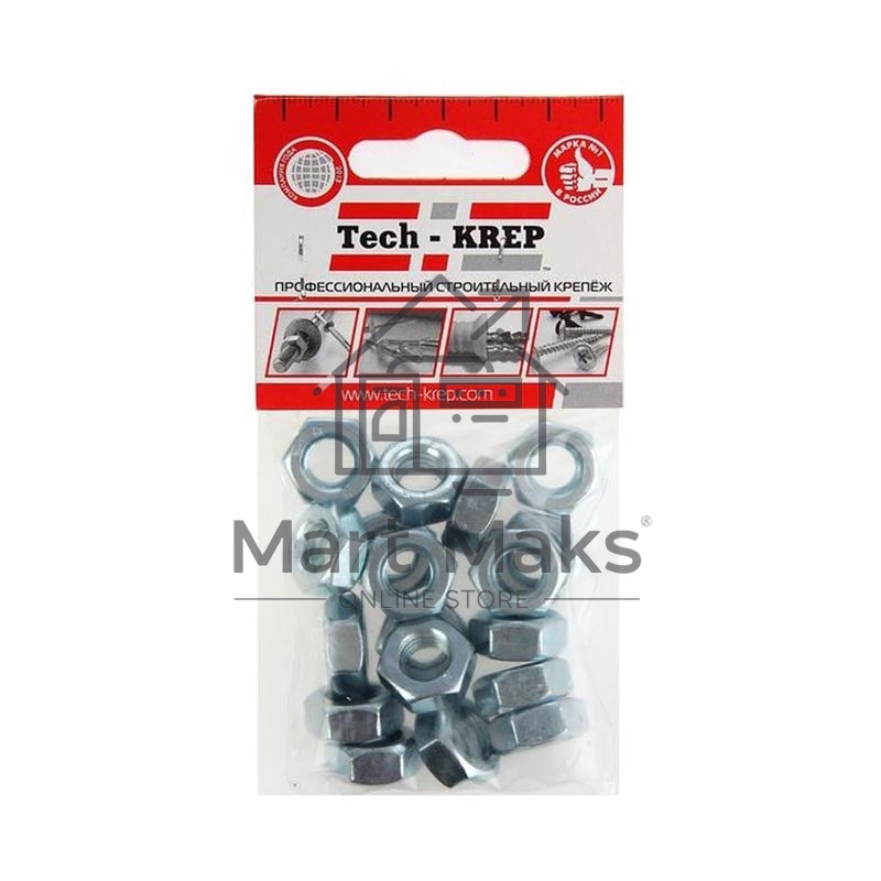 Гайка шестигранная Tech-Krep 103027 М10 цинк. DIN 934 (уп.18 шт) пакет
