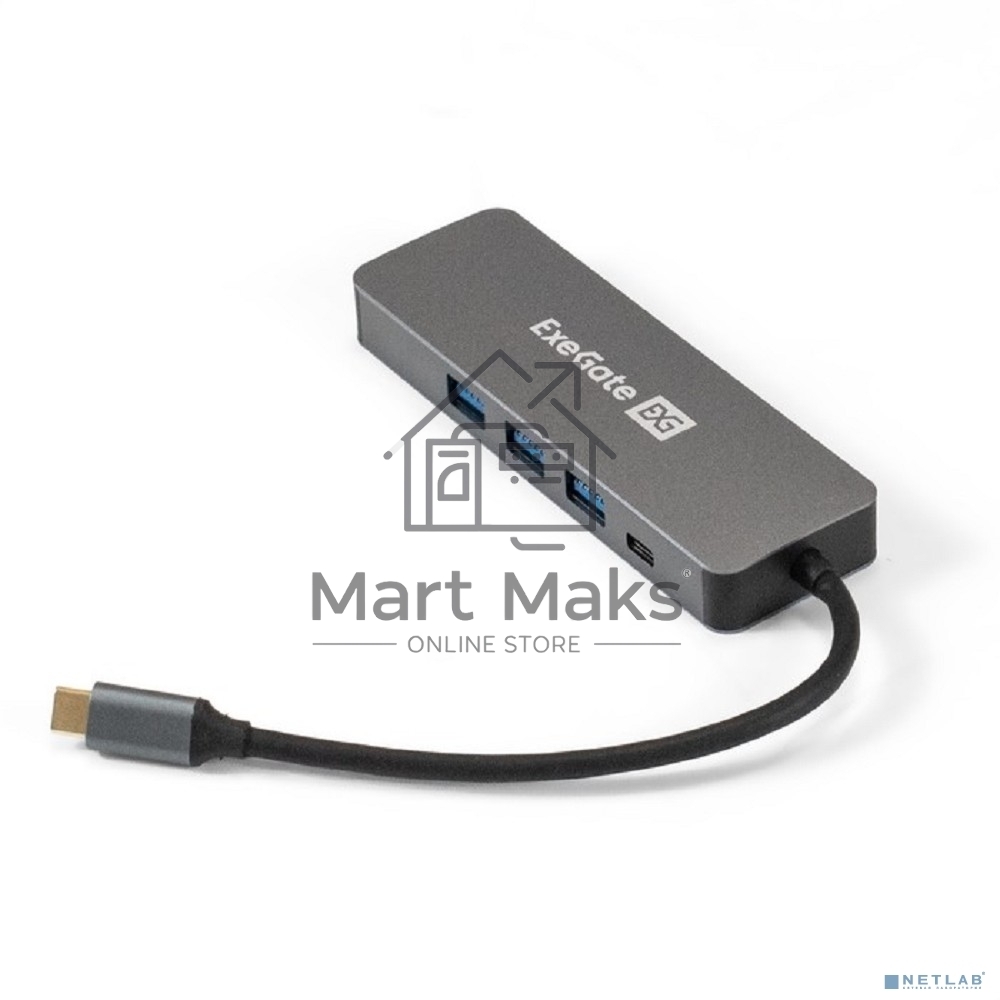 Док-станция ExeGate DUB-31C/PD/H (кабель-адаптер USB Type-C --> 3xUSB3.0 + PD 60W + HDMI 4K@30Hz, Plug&Play, серый)