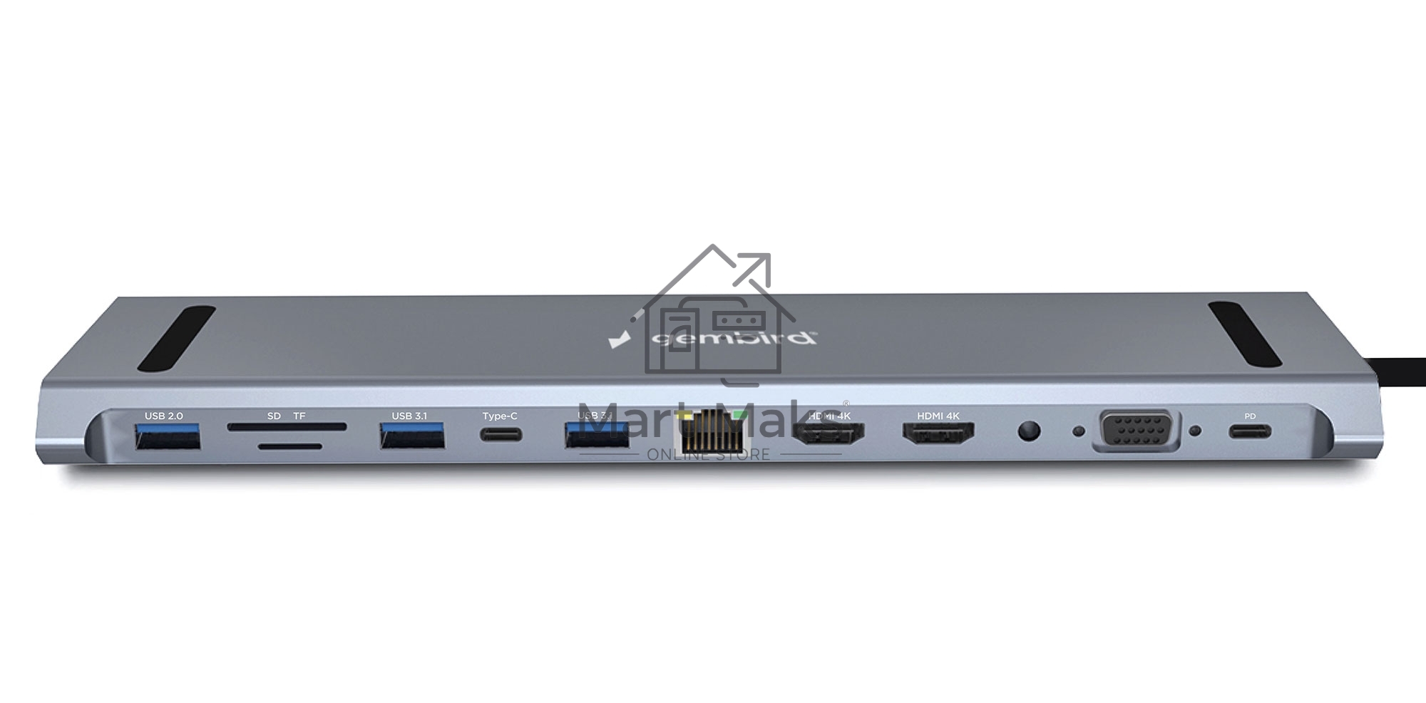 Док-станция Type-C Gembird UHB-D6, 12в1: 2xUSB3.1, USB2.0, RJ45, Type-C PD87W, Jack 3.5, SD/TF, 2xHDMI, VGA, Type-C, кабель 23см, алюминий