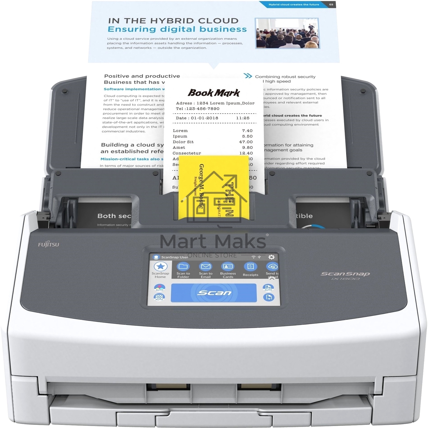 Документ сканер Fujitsu ScanSnap iX1600 А4, двухсторонний, 40 стр/мин, автопод. 50 листов, сенсорный дисплей, Wi-Fi, USB 3.2