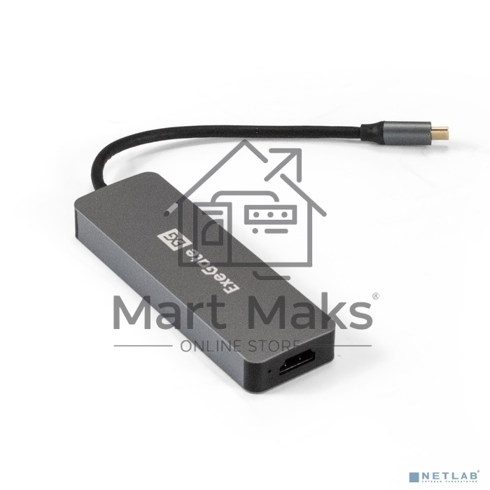 Док-станция ExeGate DUB-31C/PD/H (кабель-адаптер USB Type-C --> 3xUSB3.0 + PD 60W + HDMI 4K@30Hz, Plug&Play, серый)