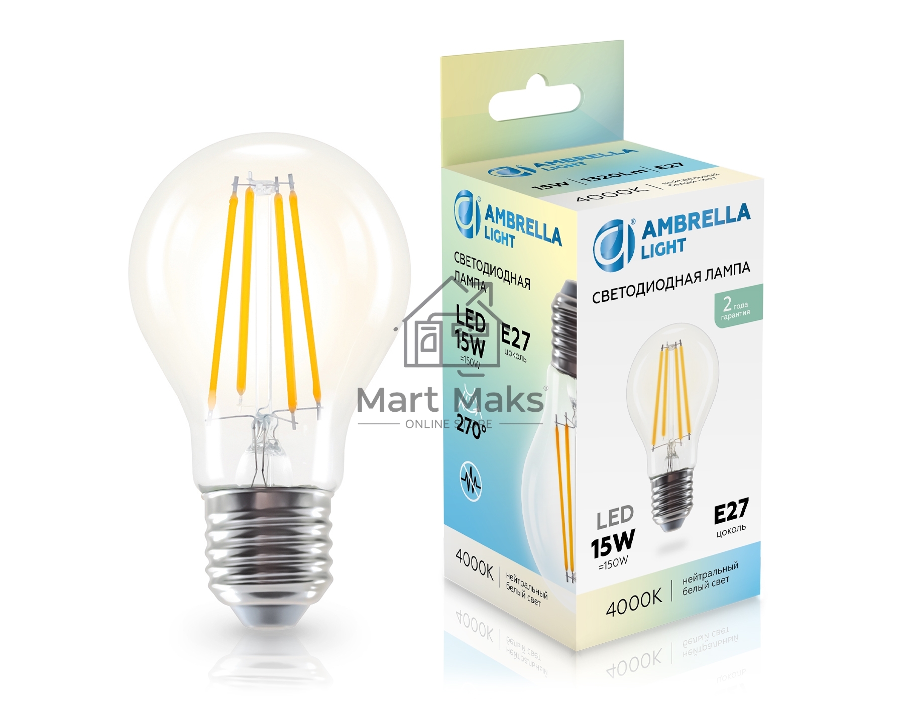 Лампа светодиодная 601514 Filament LED A60 15W E27 4000K 220-240V