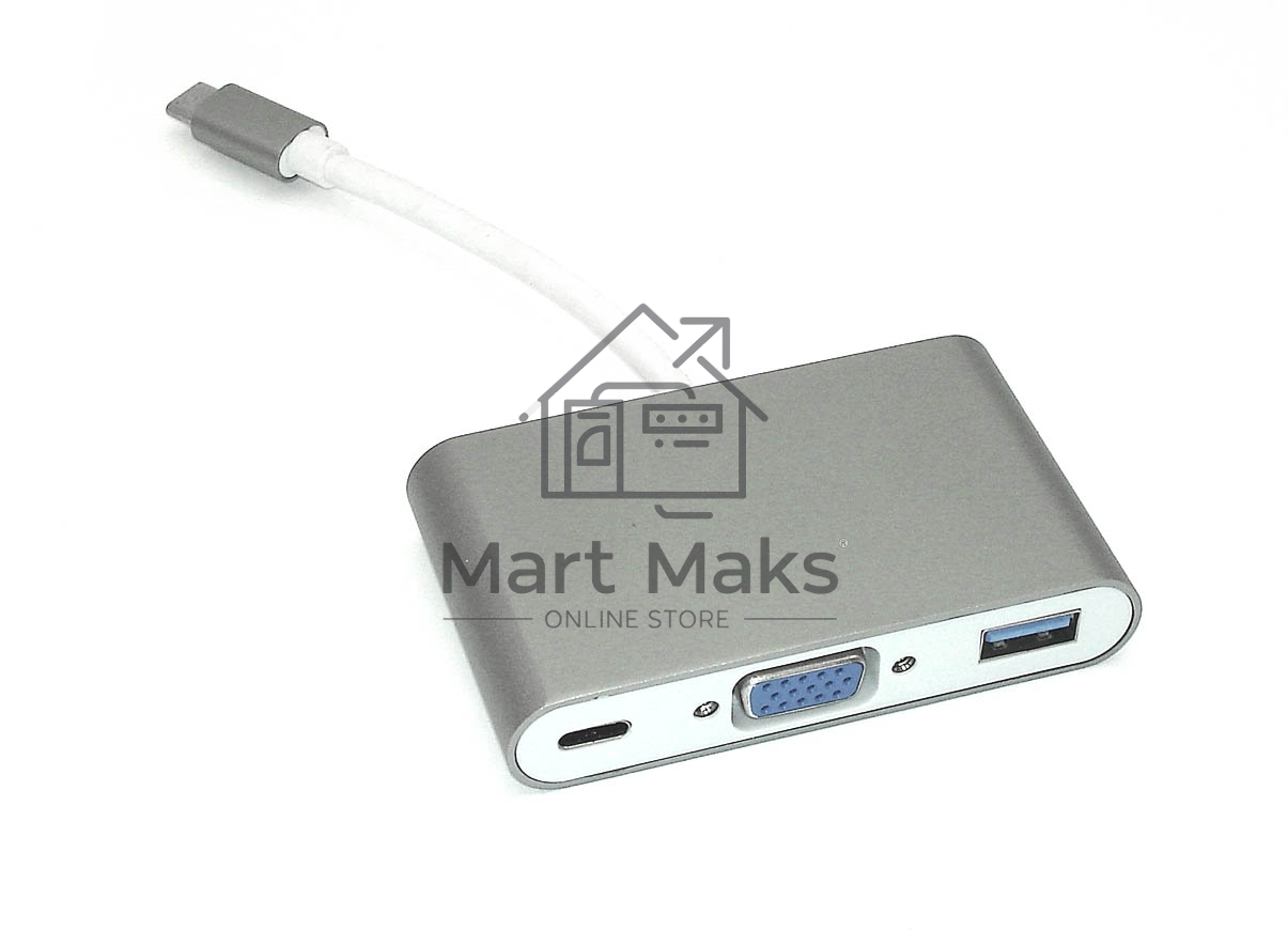 Адаптер Type-C на VGA, USB 3.0 + Type-С для MacBook, серый