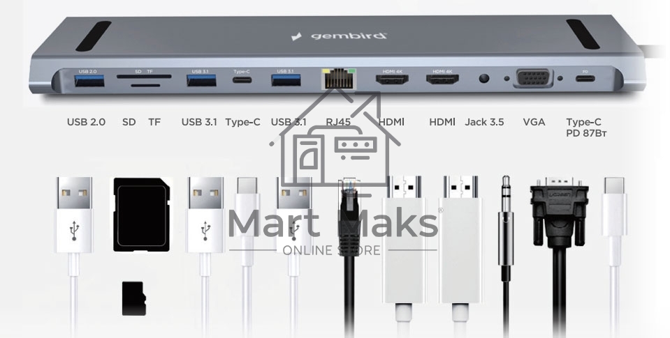 Док-станция Type-C Gembird UHB-D6, 12в1: 2xUSB3.1, USB2.0, RJ45, Type-C PD87W, Jack 3.5, SD/TF, 2xHDMI, VGA, Type-C, кабель 23см, алюминий