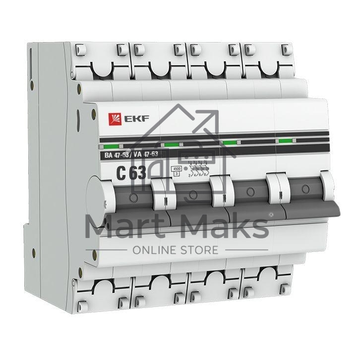 Выключатель автоматический модульный 4п C 63А 4.5кА ВА 47-63 PROxima EKF mcb4763-4-63C-pro