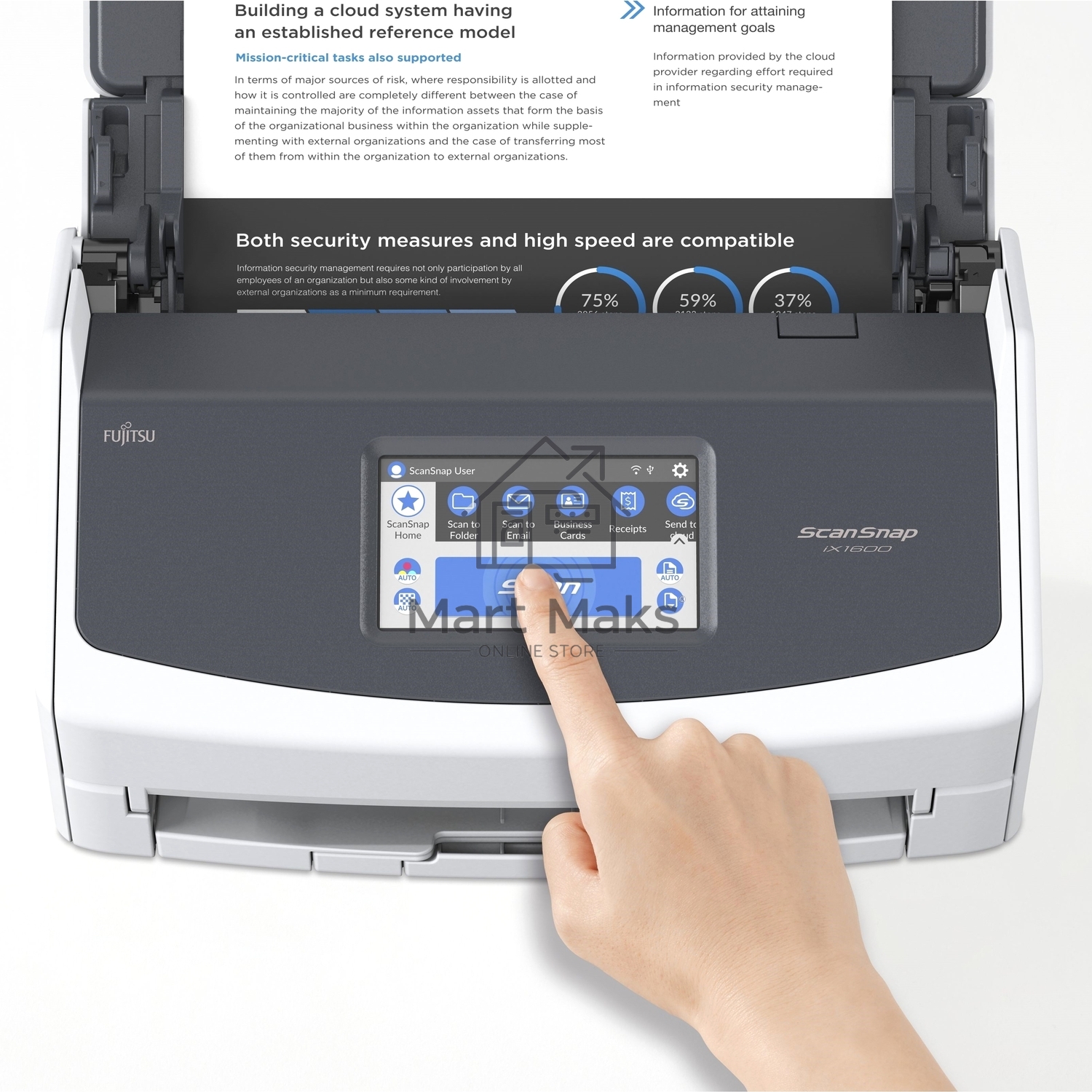 Документ сканер Fujitsu ScanSnap iX1600 А4, двухсторонний, 40 стр/мин, автопод. 50 листов, сенсорный дисплей, Wi-Fi, USB 3.2