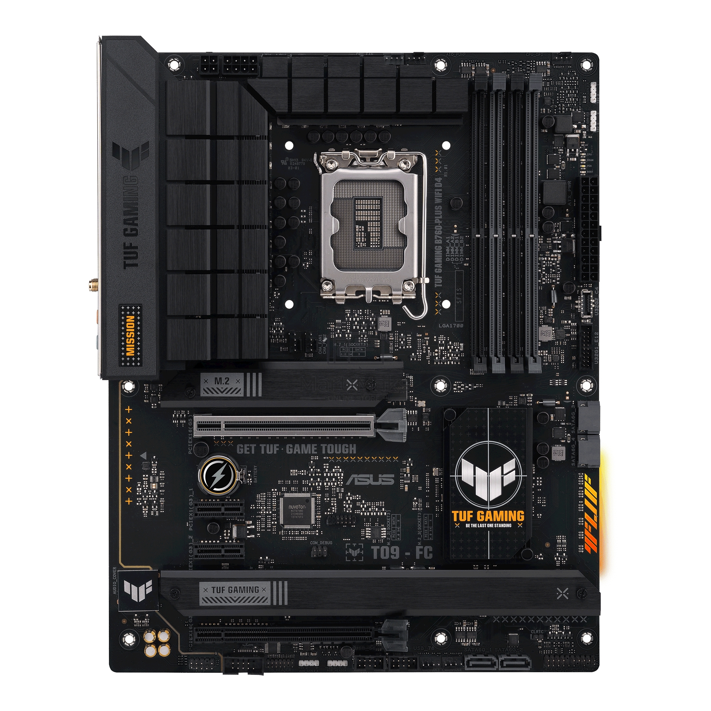 Материнская плата ASUS TUF GAMING B760-PLUS WIFI D4, LGA 1700, Intel B760, 4xDDR4, 4xSATA, 3xM.2, 1xPCI-E 5.0 x16, 1xPCI-E 3.0 x4, 1xUSB-A 3.2 Gen 2, 3xUSB-A 3.2 Gen 1, 1xUSB-C 3.2 Gen 2x2, 1x2.5Gb LAN, 5x3.5 мм, 7.1, Wi-Fi 6, Bluetooth 5.2, Standard-ATX