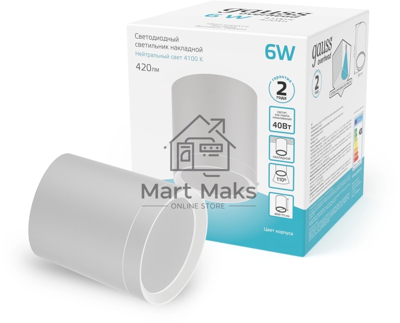 Светильник GAUSS Overhead накл цил 6W 420lm 4100K 170-240V IP20 68*75мм белый с расс LED