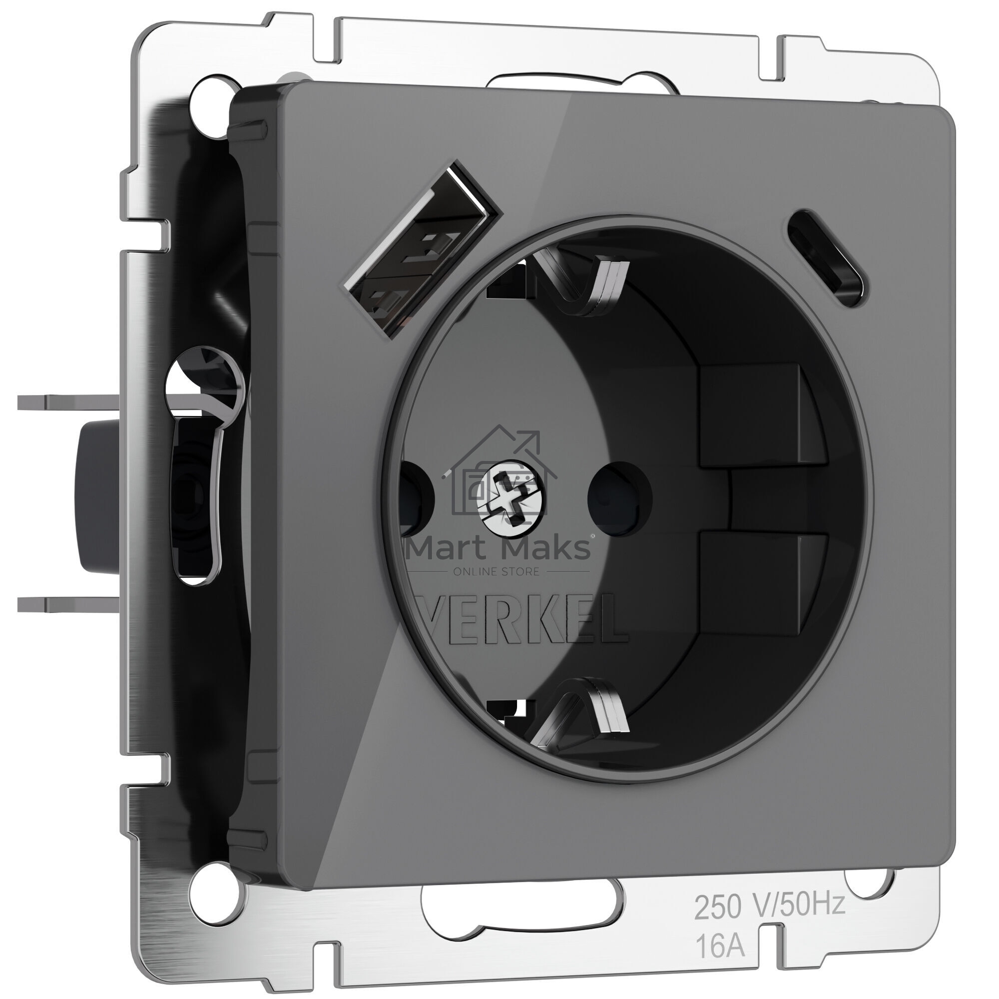 Розетка с заземлением, шторками и USB тип A+C (графит акрил)