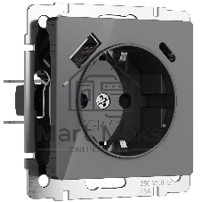 Розетка с заземлением, шторками и USB тип A+C (графит акрил)