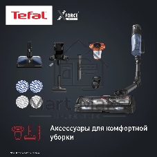 Пылесос вертикальный Tefal X-Force Flex TY9LC1WO серый/синий, питание от аккумулятора, 150 Вт, уборка сухая, пылесборник 0.65 л