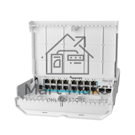 Коммутатор MikroTik netPower 15FR with 800MHz CPU, 256MB RAM, 16 x 10/100Mbps Ethernet ports (15 with Reverse POE-in, 1 with PoE-OUT), 2 x SFP, RouterOS L5 or SwitchOS (dual boot), outdoor enclosure, mounting ki